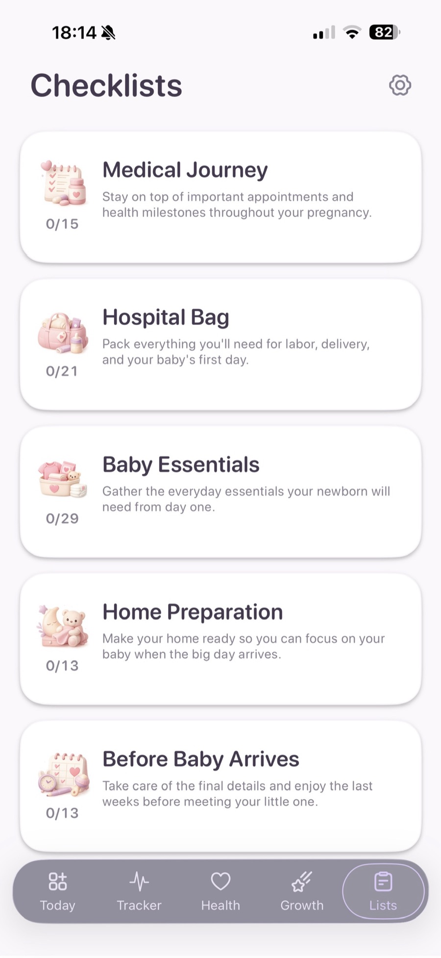 The Checklists screen: five topic cards - Medical Journey, Hospital Bag, Baby Essentials, Home Preparation and Before Baby Arrives - each with its own illustration and a done-out-of-total counter.