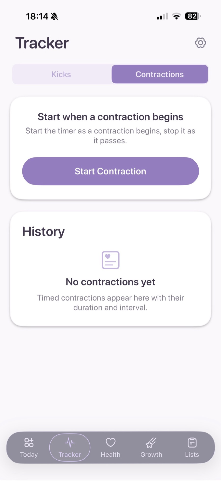 The Tracker screen on Contractions: a Start Contraction button with the instruction to start the timer as a contraction begins and stop it as it passes, and an empty History card.