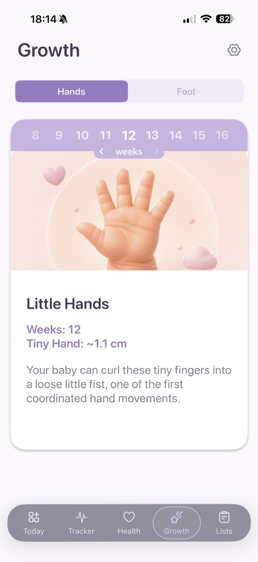 The Growth screen on Hands: a week strip set to 12 above an illustration of a baby's open hand, with Little Hands, a tiny hand of about 1.1 cm, and a line about curling the fingers into a fist.