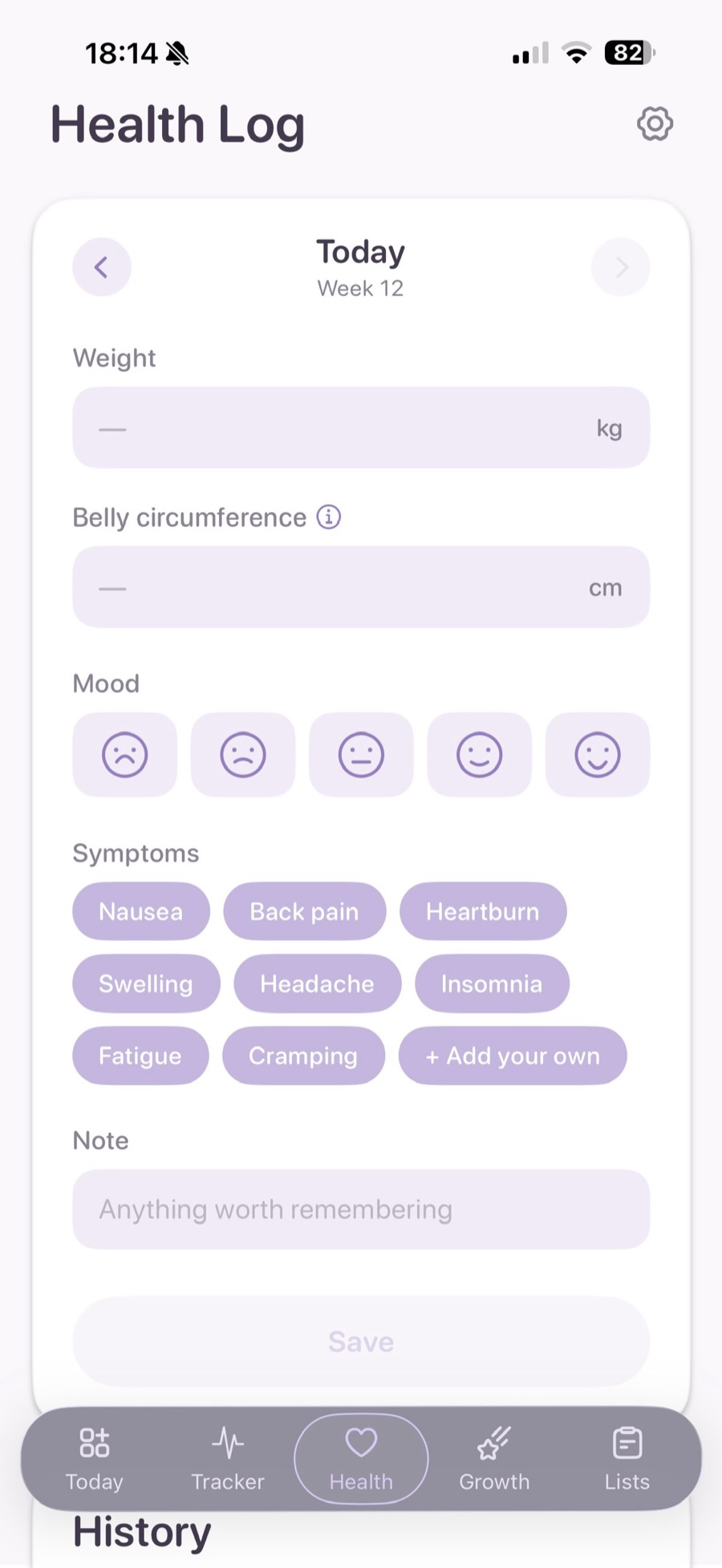 The Health Log form for today, week 12: weight and belly circumference fields, a five-face mood row, symptom chips such as nausea, back pain and heartburn, a note field and a Save button.