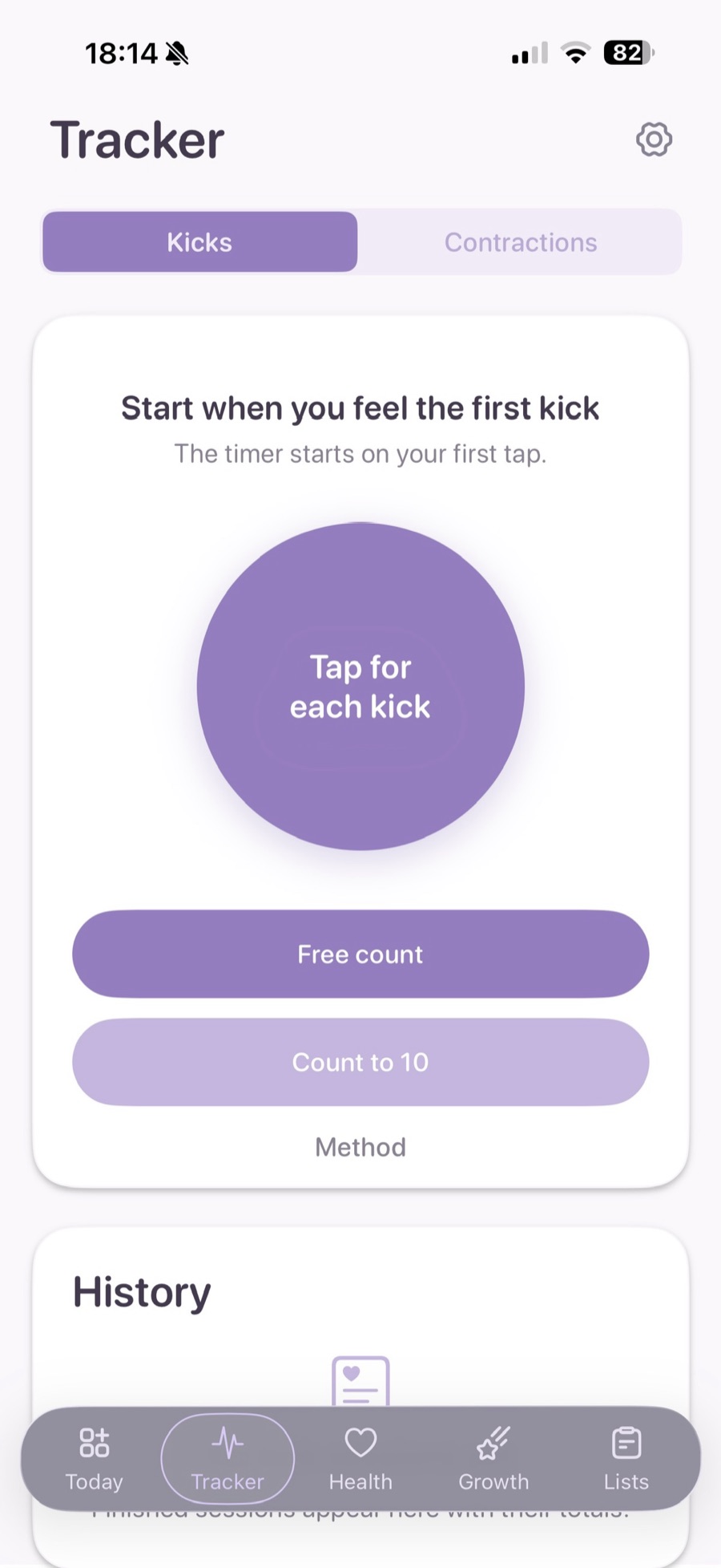The Tracker screen on Kicks: a large round tap target reading Tap for each kick, the Free count and Count to 10 methods below it, and a History card underneath.