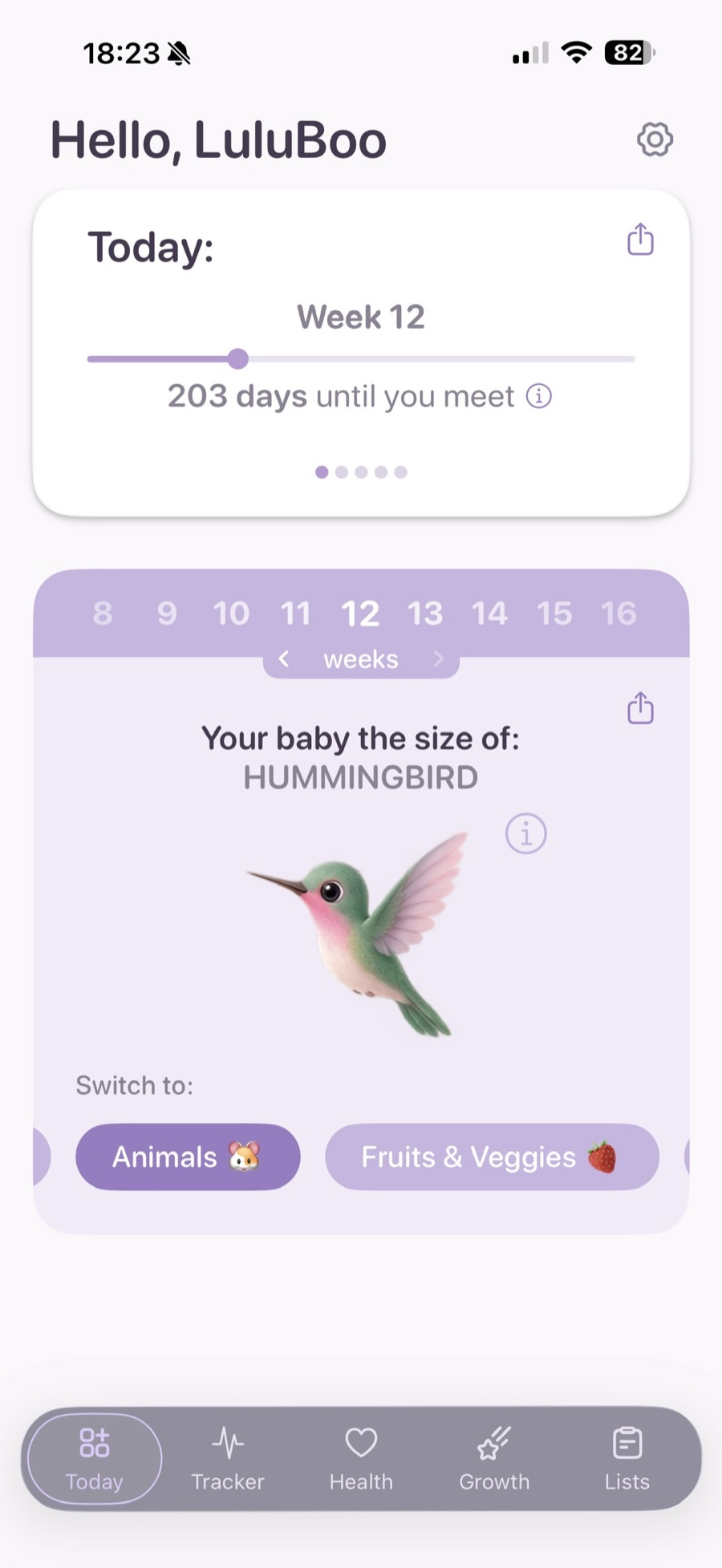 The Today screen: a greeting, week 12 with a progress bar, 203 days until you meet, and the size card showing the baby is the size of a hummingbird, with the week strip and the category pills.